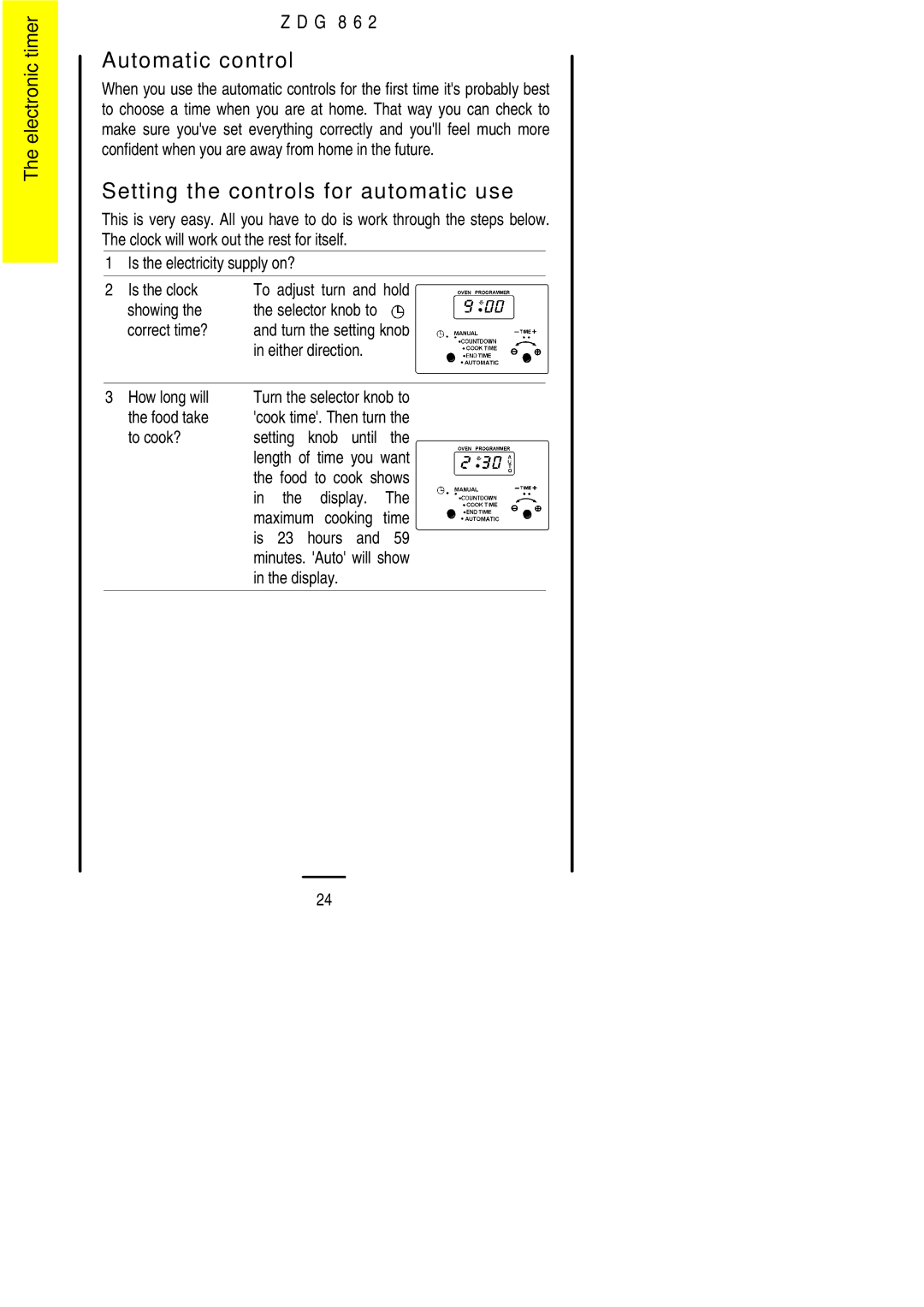 Zanussi ZDG 862 manual Automatic control, Setting the controls for automatic use, Electronic timer G 8 6 