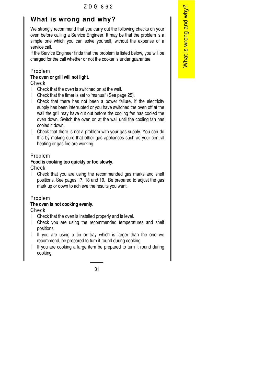 Zanussi ZDG 862 manual What is wrong and why?, Problem, LCheck 