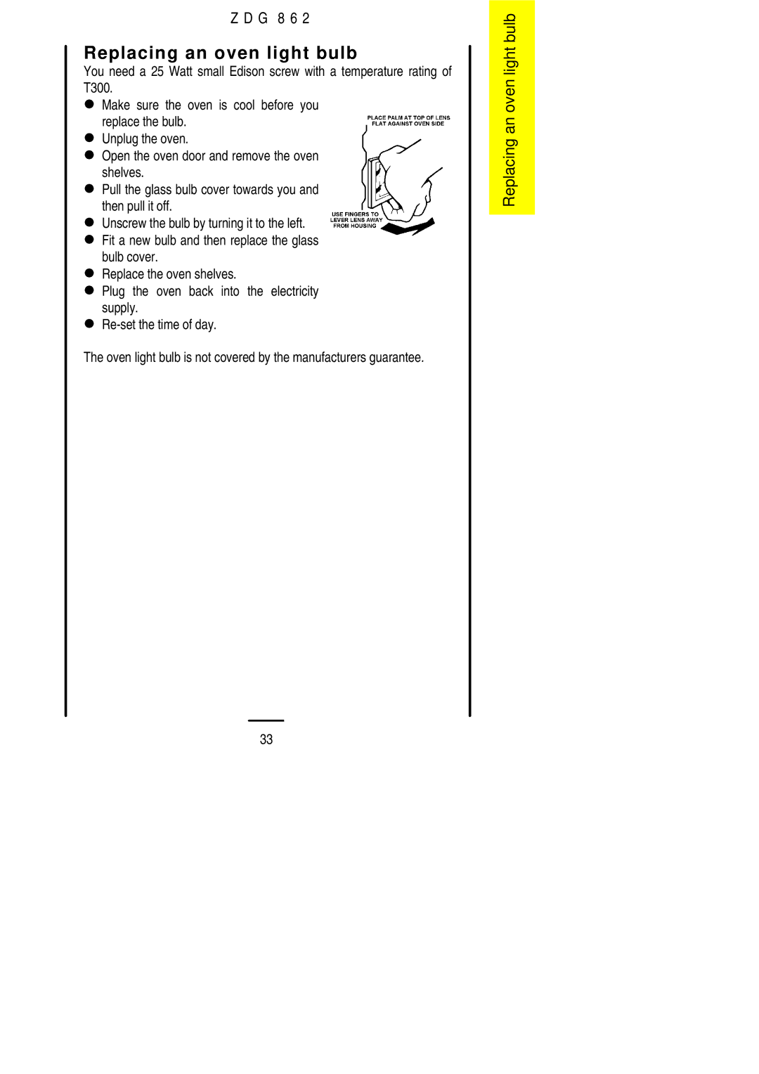 Zanussi ZDG 862 manual Replacing an oven light bulb 