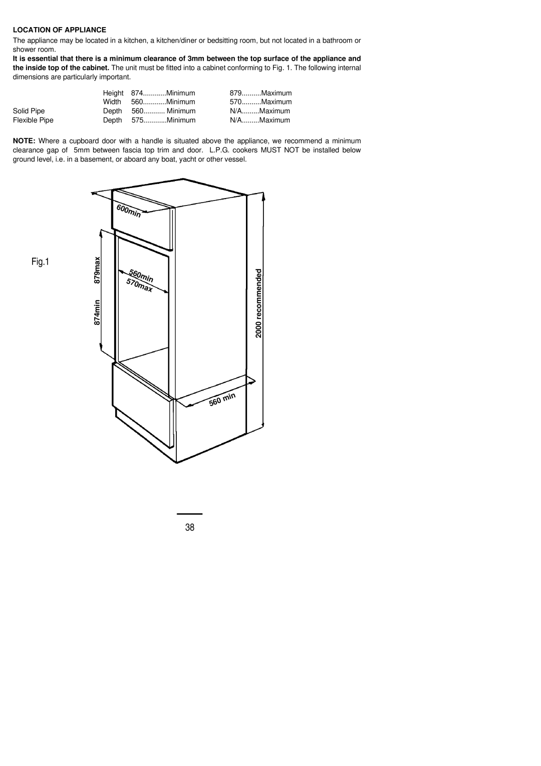 Zanussi ZDG 862 manual 600min, Location of Appliance 