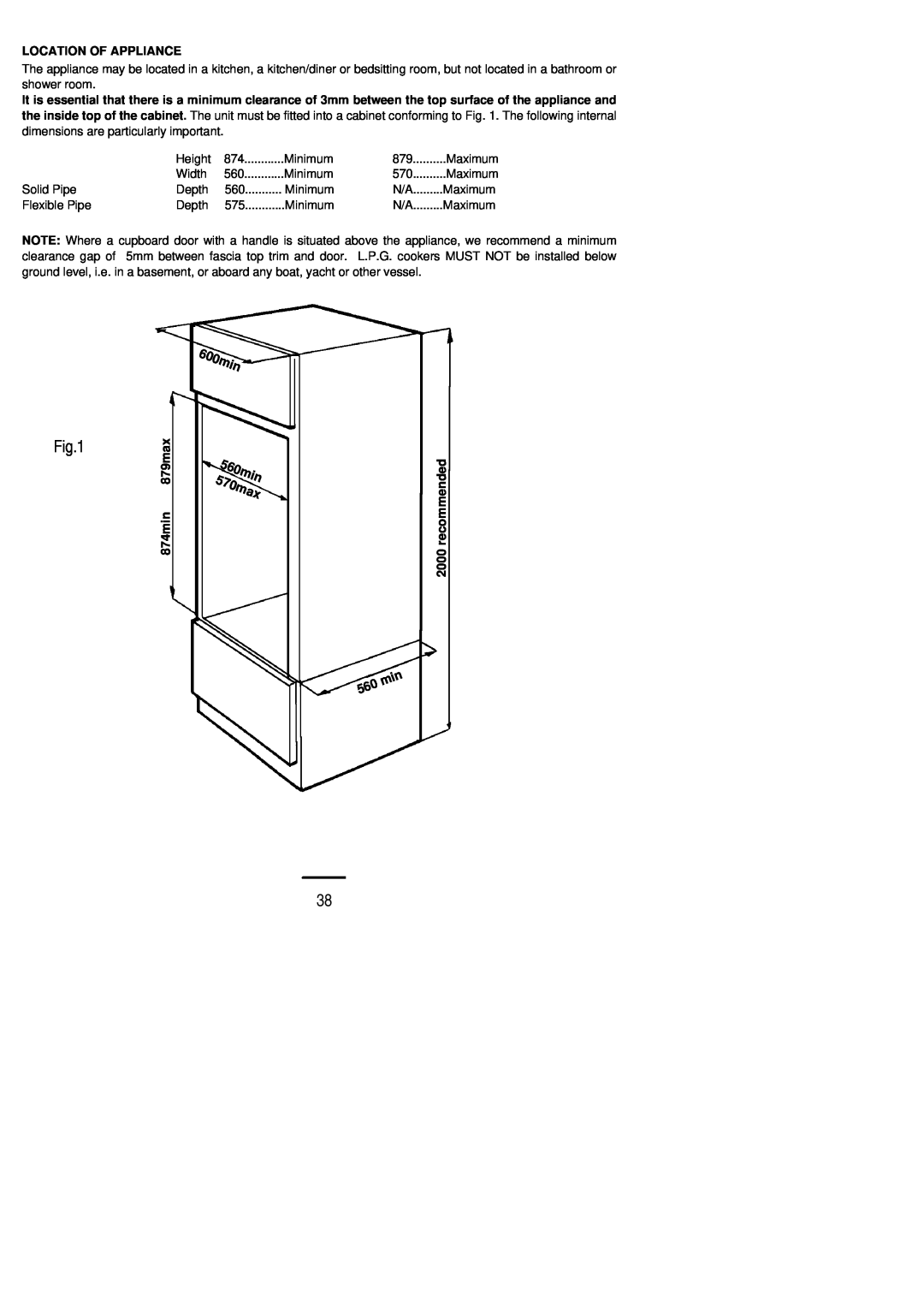 Zanussi ZDG 862 manual 600min, Location Of Appliance, 879max, 560min, 874min, recommended 