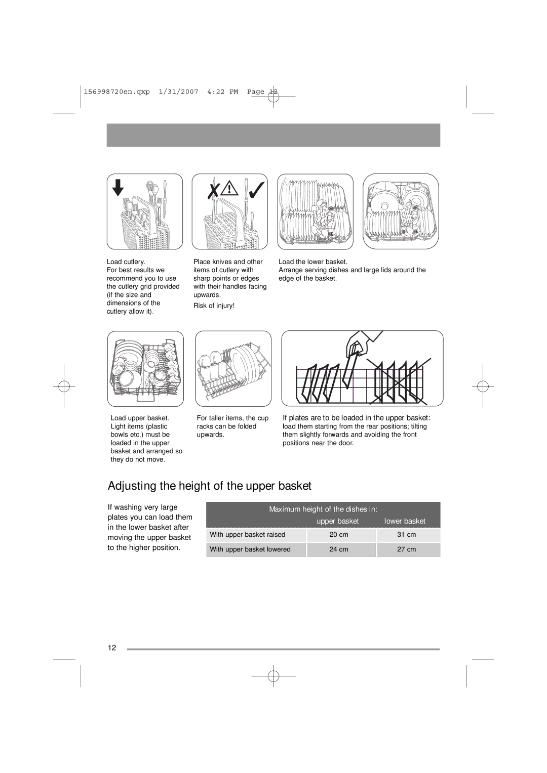 Zanussi ZDI 100 manual Adjusting the height of the upper basket, Maximum height of the dishes Upper basket Lower basket 