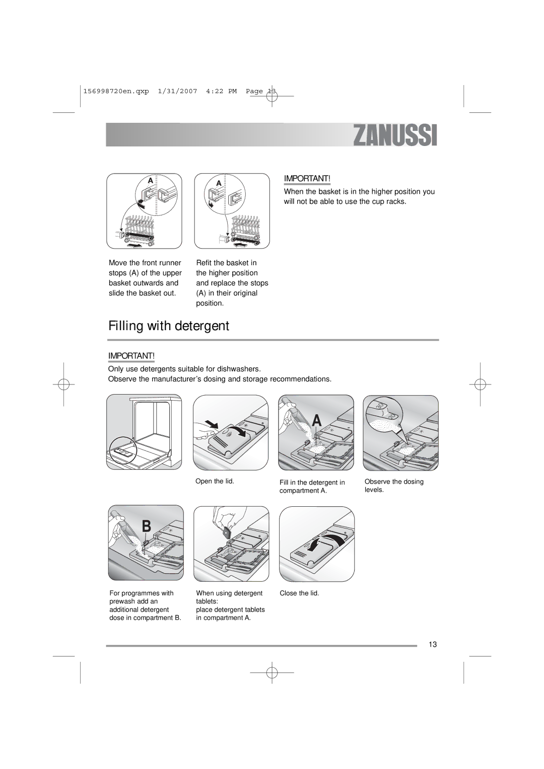 Zanussi ZDI 100 manual Filling with detergent 