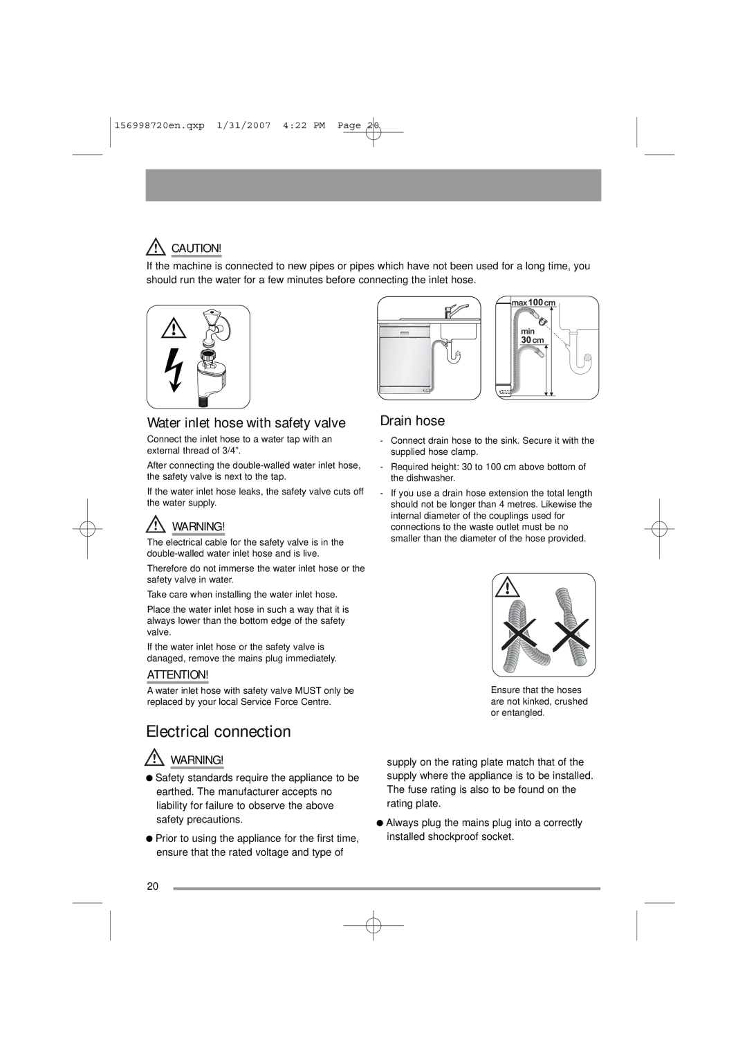 Zanussi ZDI 100 manual Electrical connection, Water inlet hose with safety valve, Drain hose 