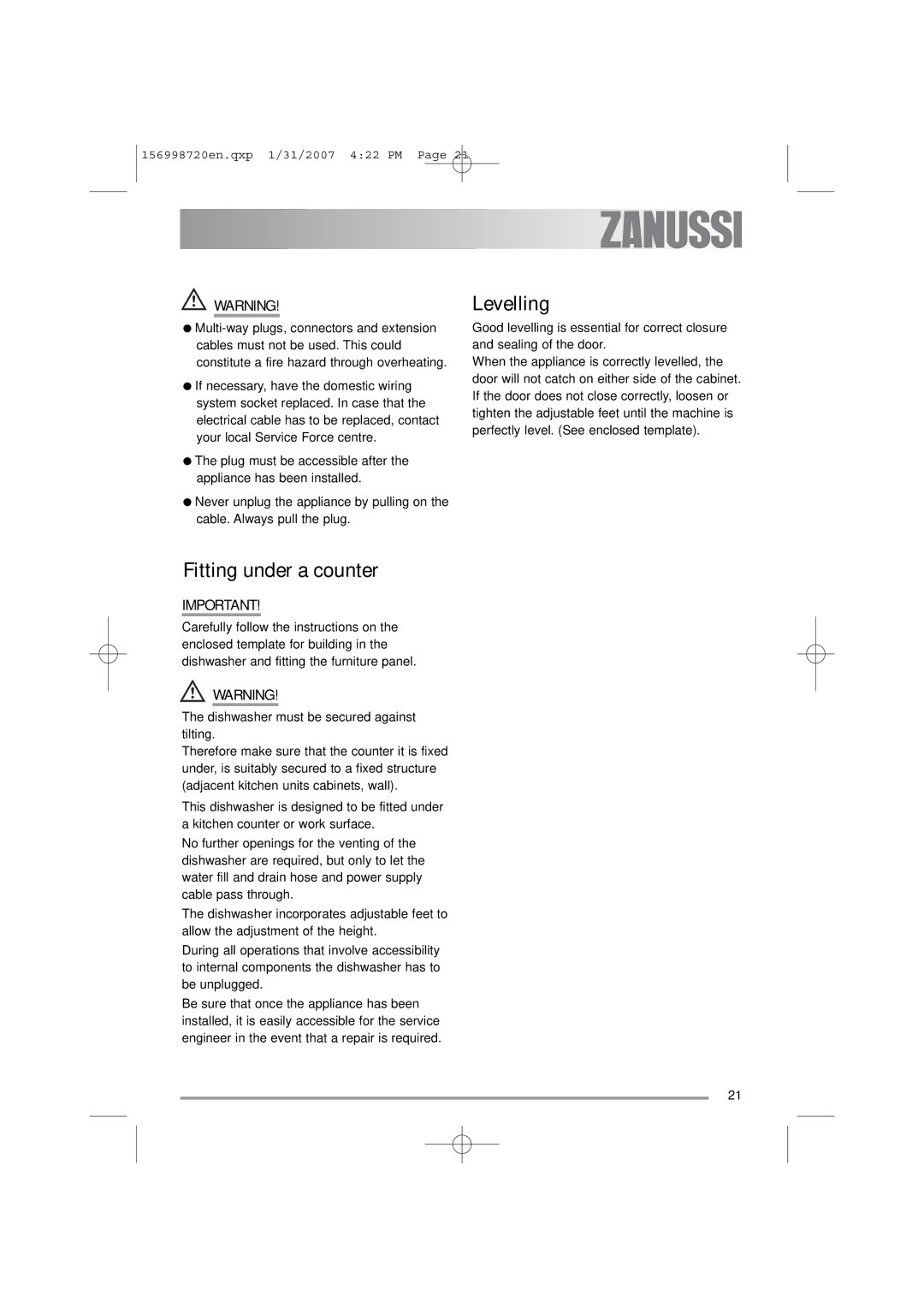 Zanussi ZDI 100 manual Fitting under a counter, Levelling 