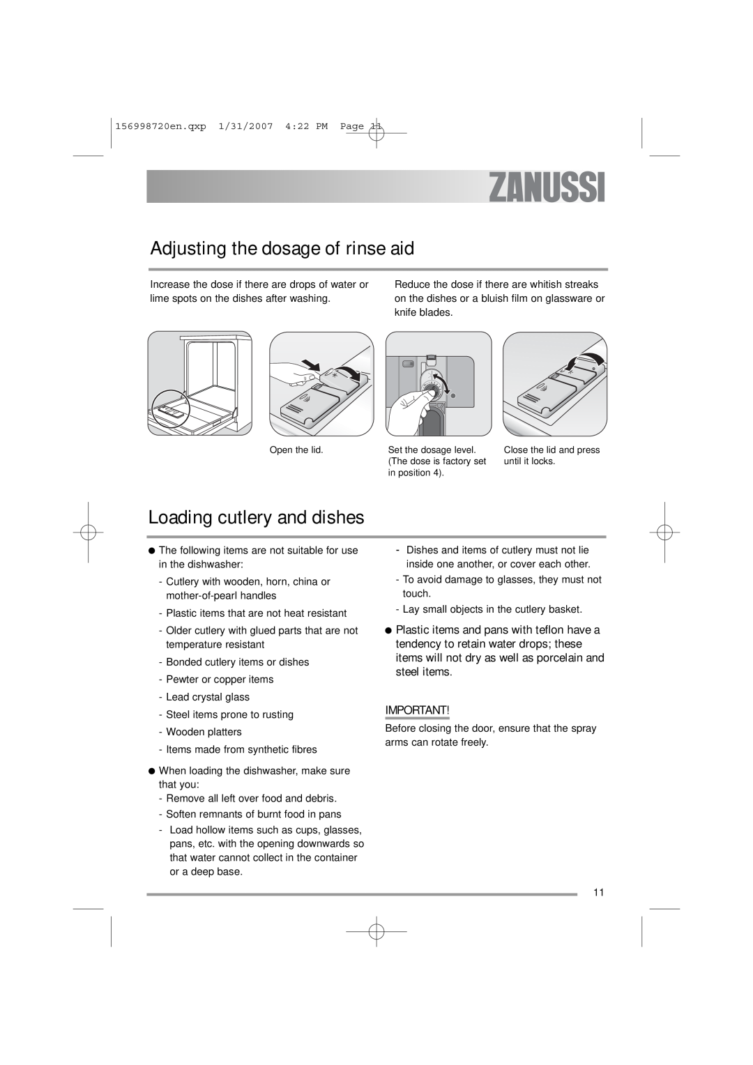 Zanussi ZDI 100 manual Adjusting the dosage of rinse aid, Loading cutlery and dishes 
