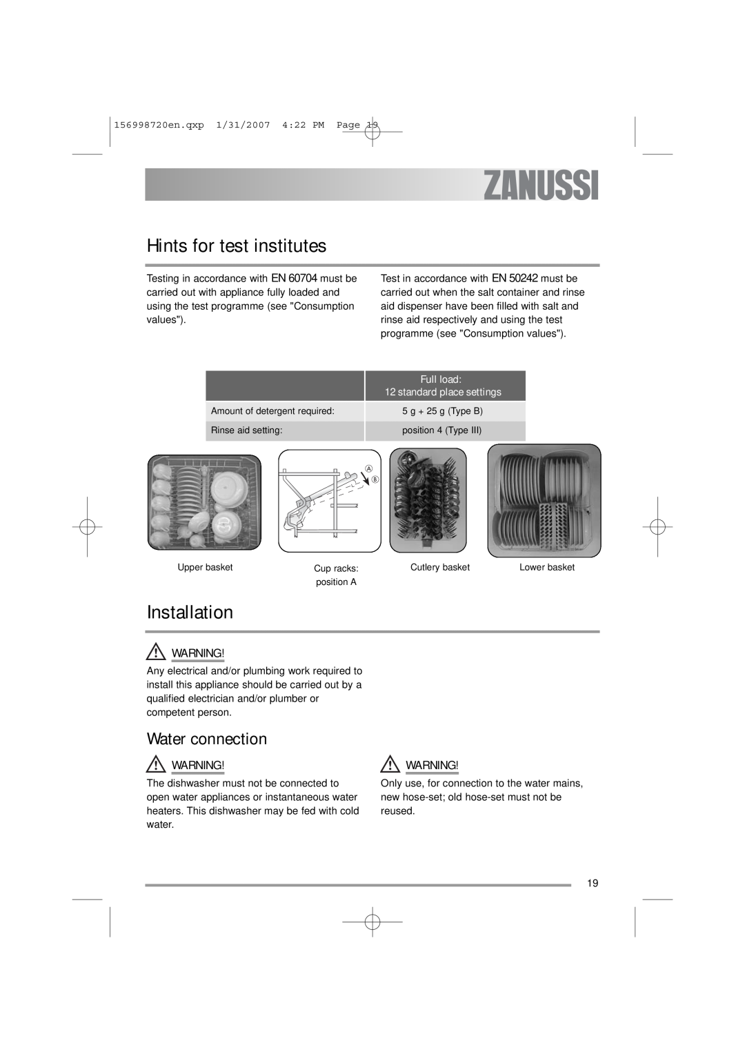 Zanussi ZDI 100 manual Hints for test institutes, Installation, Water connection 
