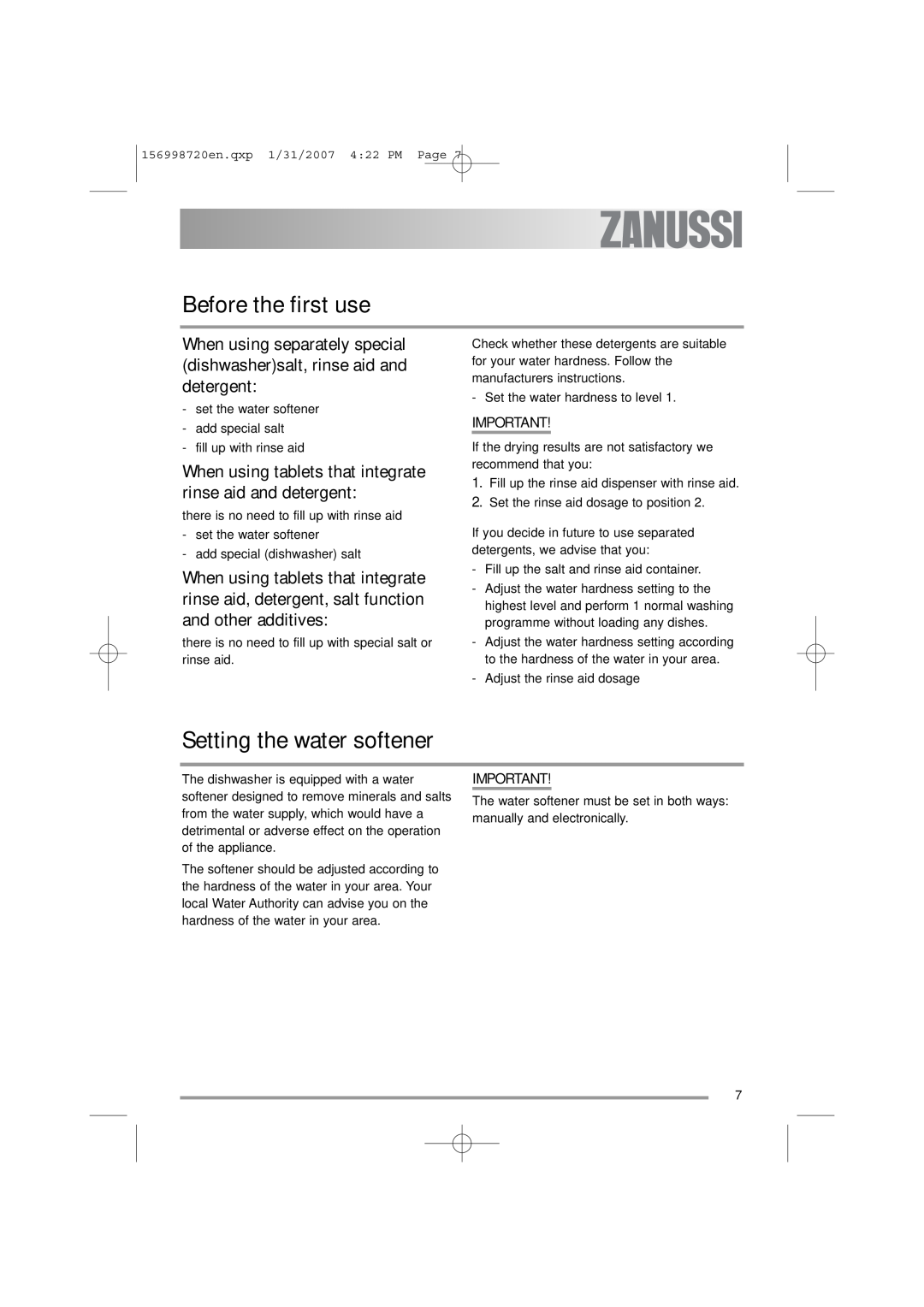 Zanussi ZDI 100 manual Before the first use, Setting the water softener 