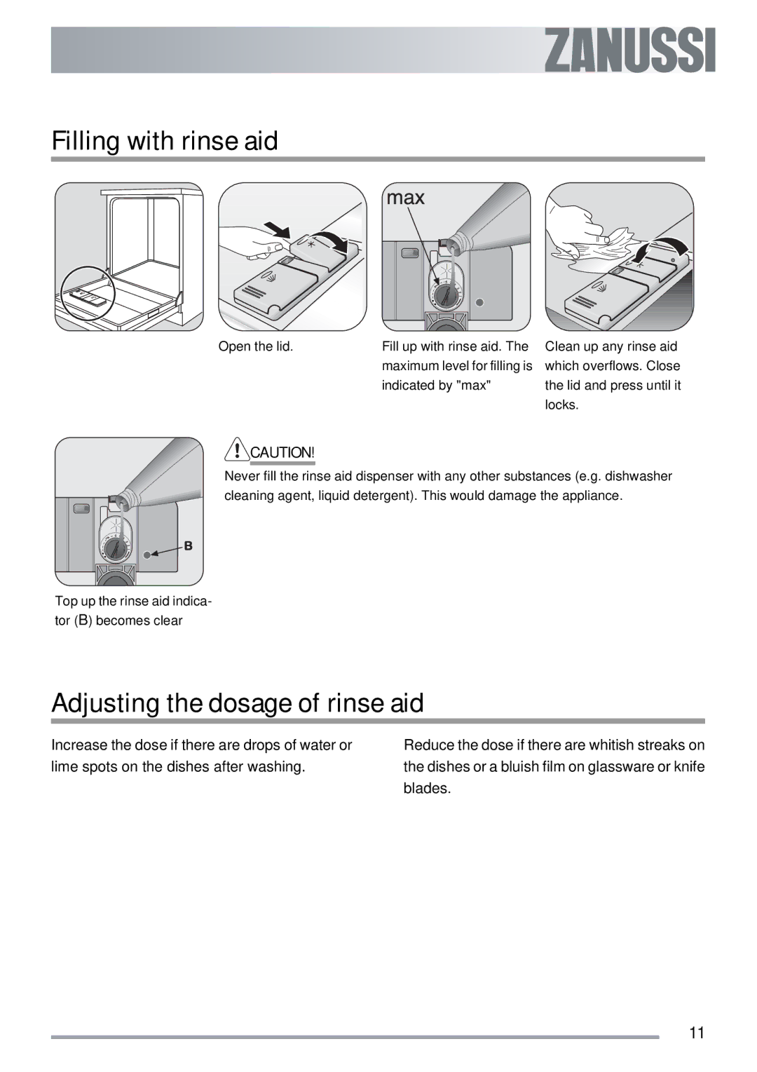 Zanussi ZDI 112 manual Filling with rinse aid, Adjusting the dosage of rinse aid 