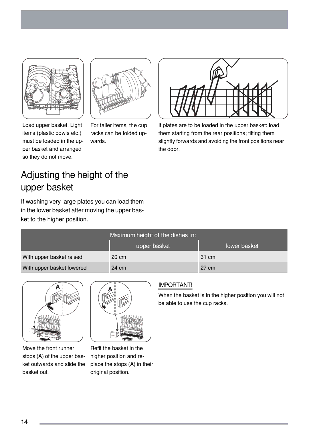 Zanussi ZDI 112 manual Adjusting the height of the upper basket, Maximum height of the dishes, Upper basket, Lower basket 