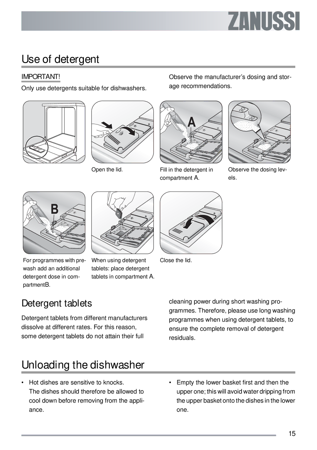 Zanussi ZDI 112 manual Use of detergent, Unloading the dishwasher, Detergent tablets 