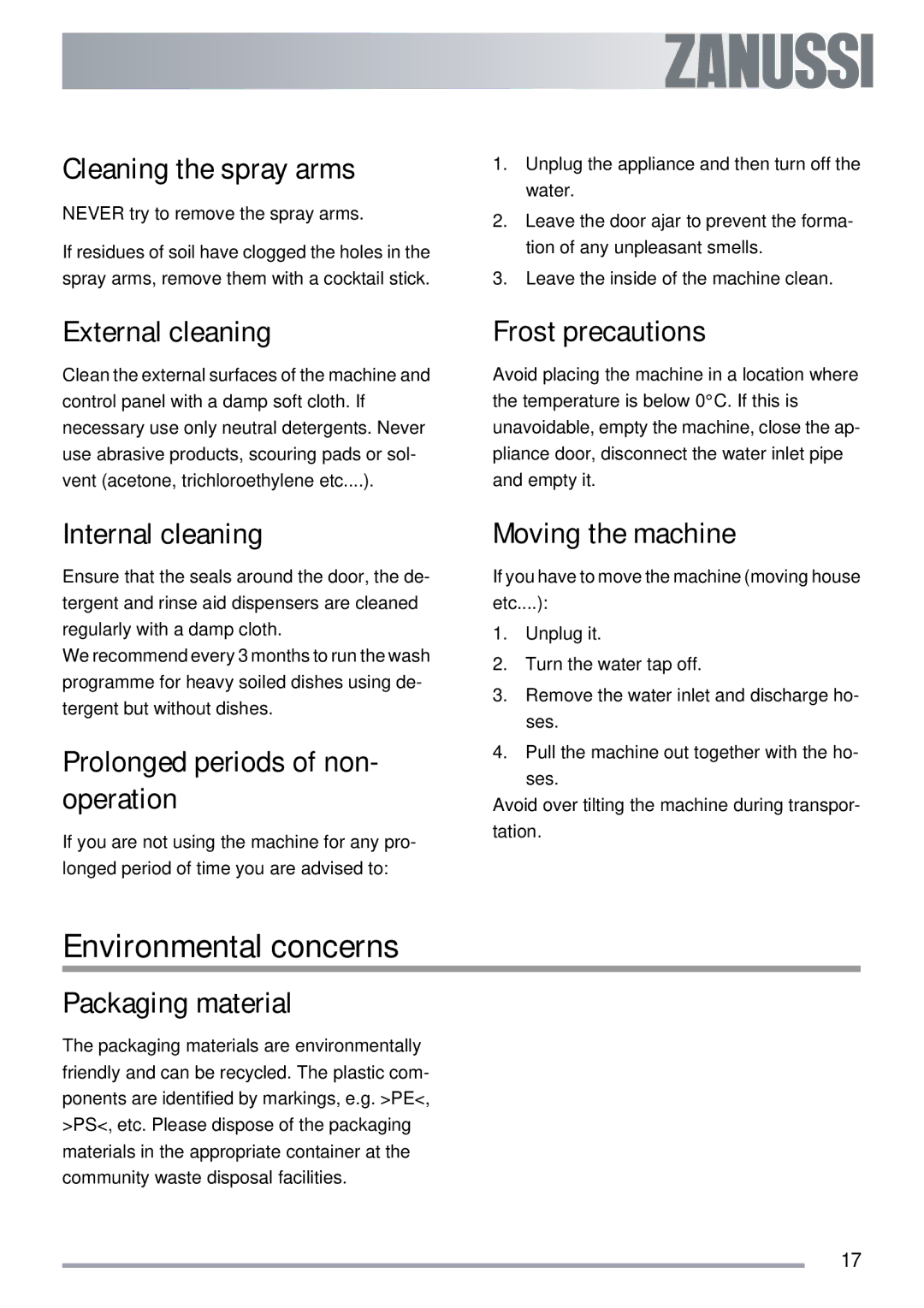 Zanussi ZDI 112 manual Environmental concerns 