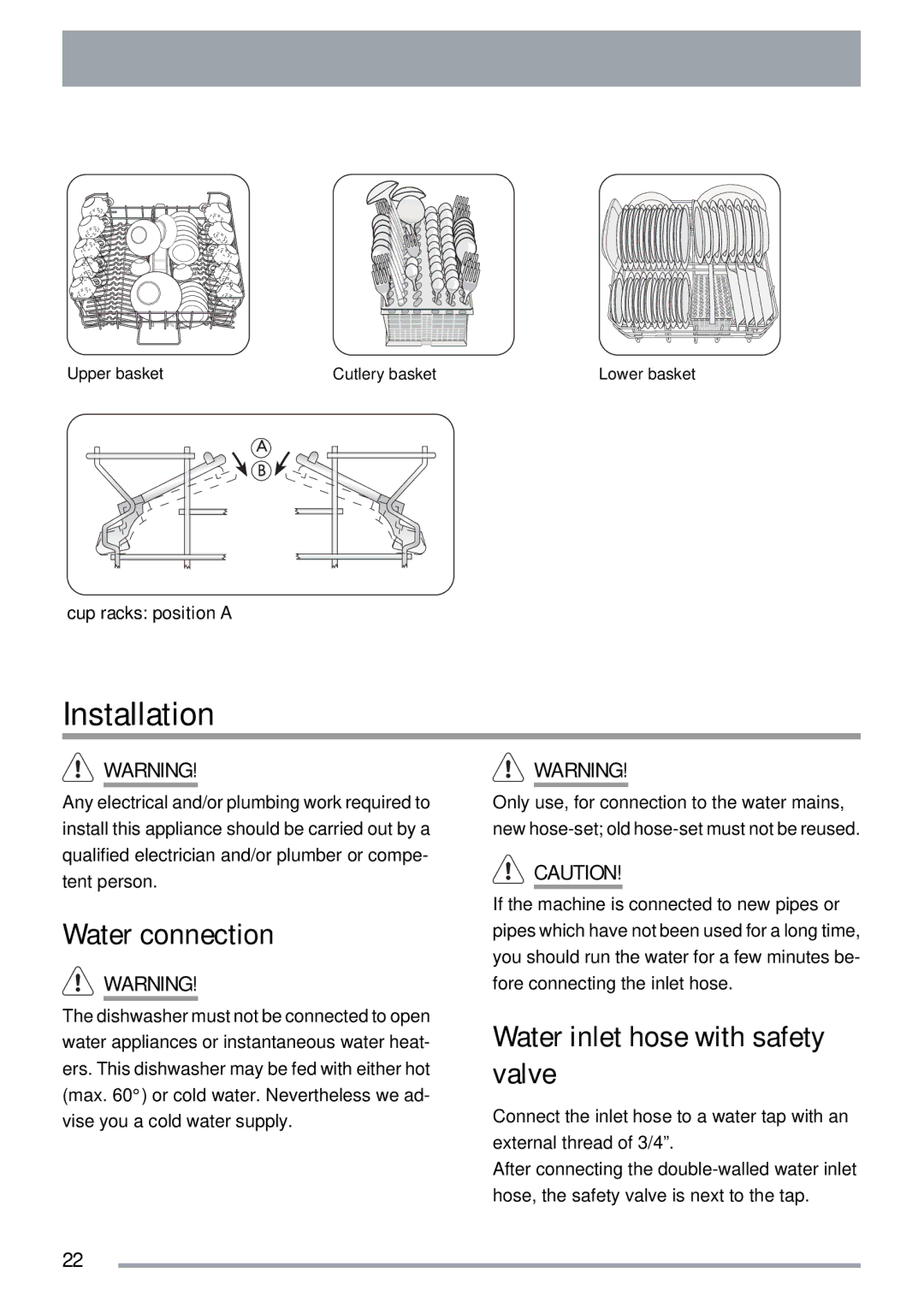 Zanussi ZDI 112 manual Installation, Water connection, Water inlet hose with safety valve 