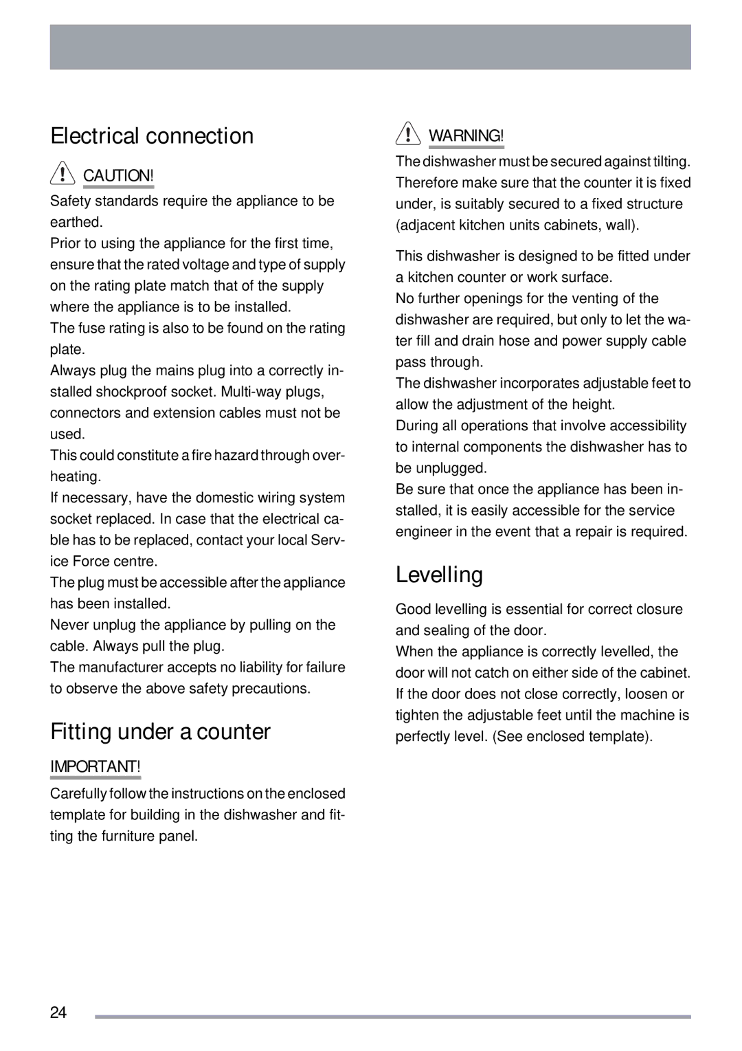 Zanussi ZDI 112 manual Electrical connection, Fitting under a counter, Levelling 