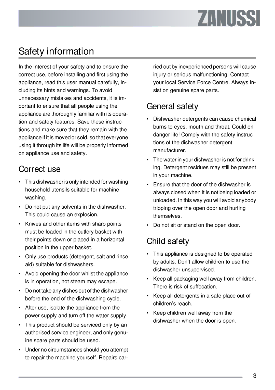 Zanussi ZDI 112 manual Safety information, Correct use, General safety, Child safety 