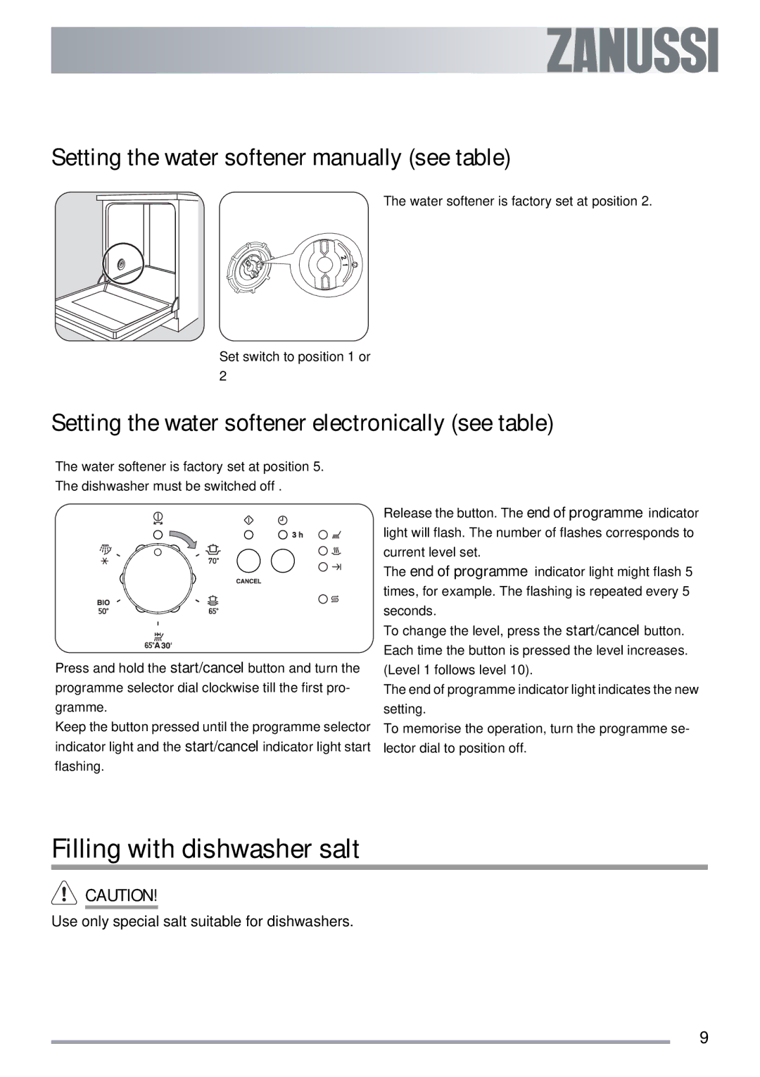 Zanussi ZDI 112 Filling with dishwasher salt, Setting the water softener manually see table 