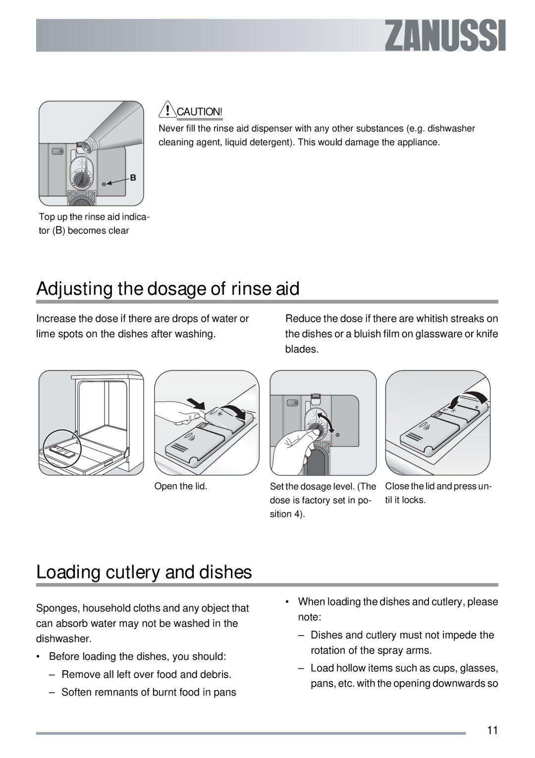 Zanussi ZDI 122 user manual Adjusting the dosage of rinse aid, Loading cutlery and dishes 