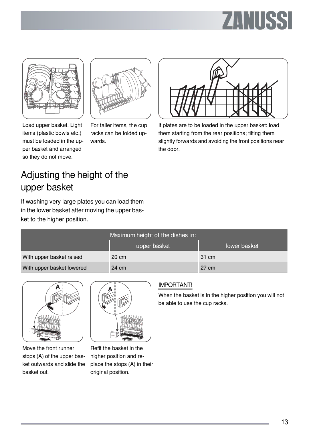 Zanussi ZDI 122 Adjusting the height of the upper basket, Maximum height of the dishes, Upper basket, Lower basket 