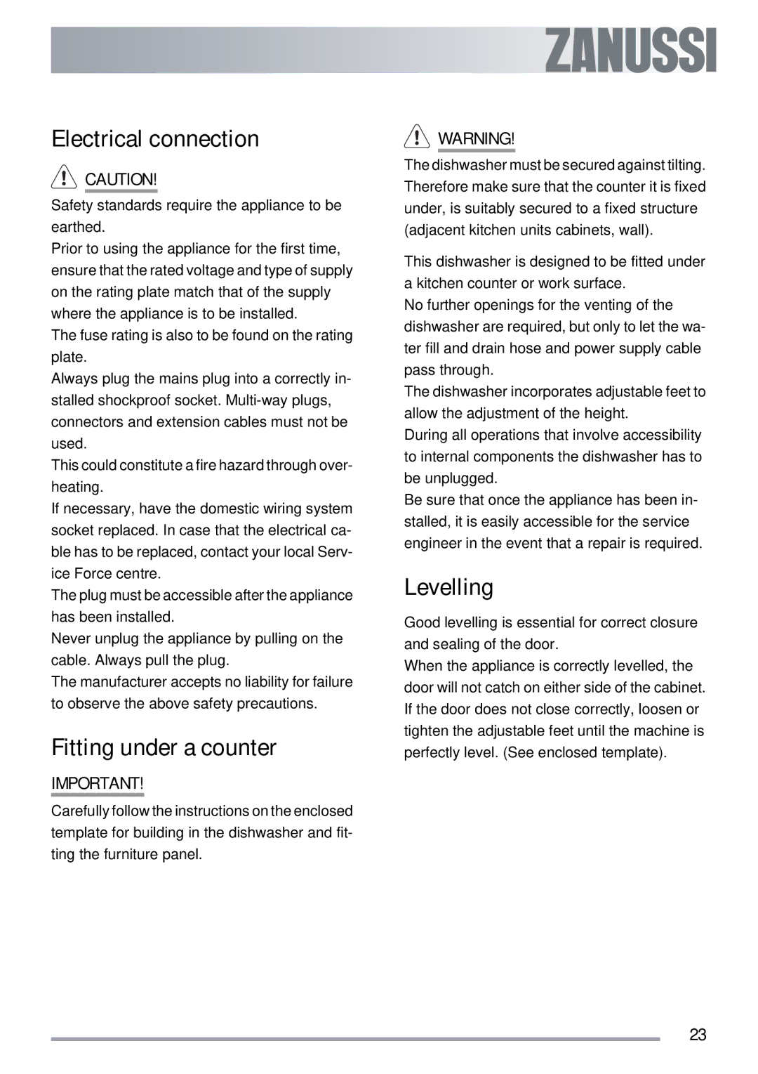 Zanussi ZDI 122 user manual Electrical connection, Fitting under a counter, Levelling 