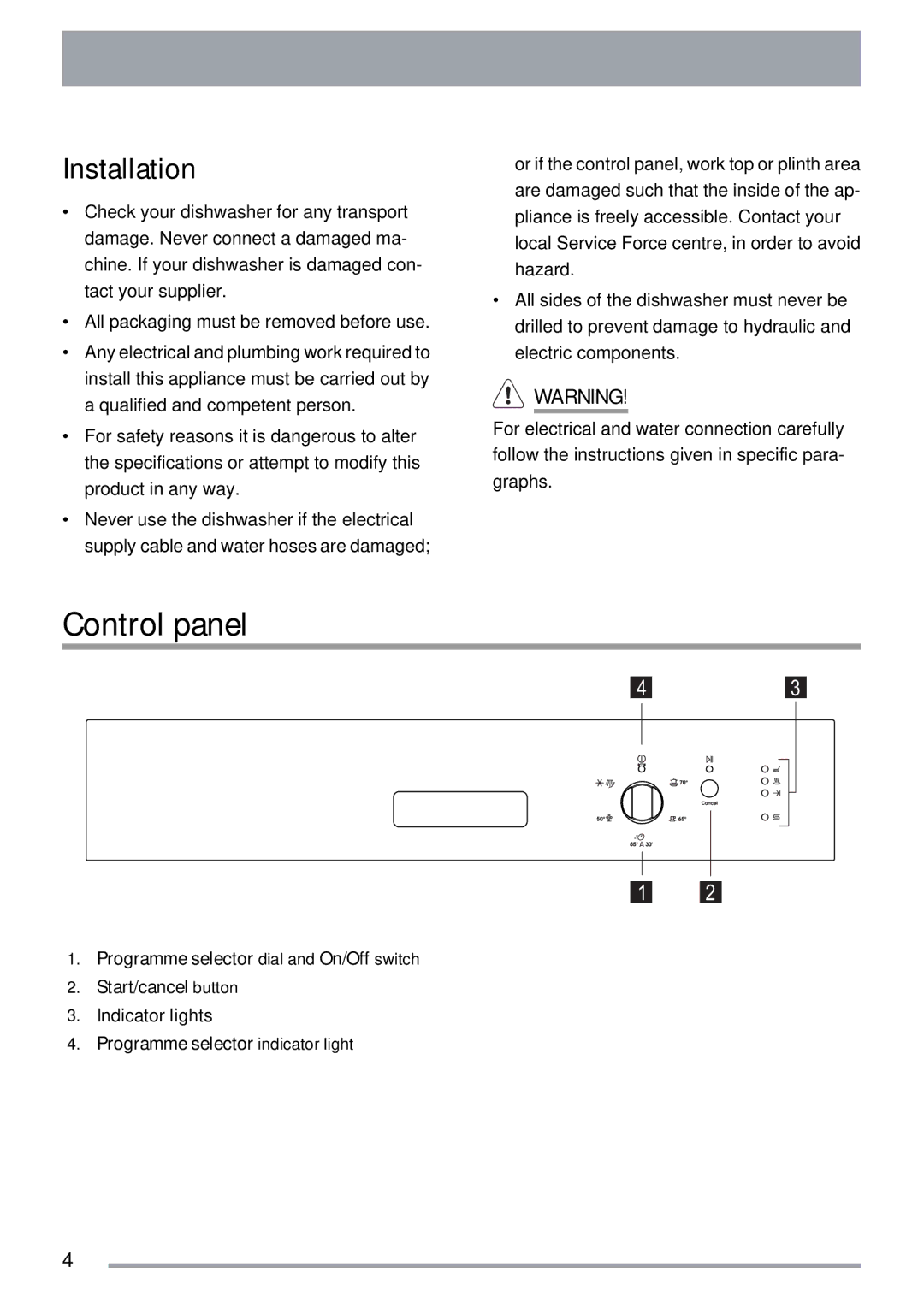 Zanussi ZDI 122 user manual Control panel, Installation 