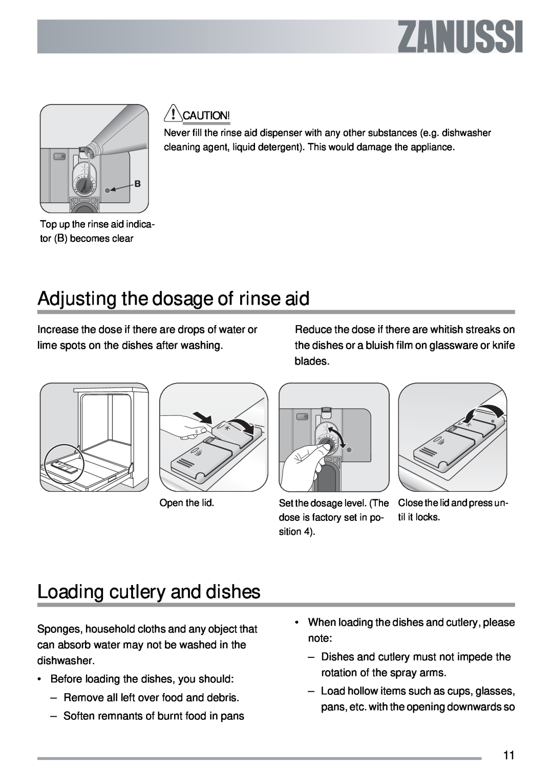 Zanussi ZDI 122 user manual Adjusting the dosage of rinse aid, Loading cutlery and dishes 
