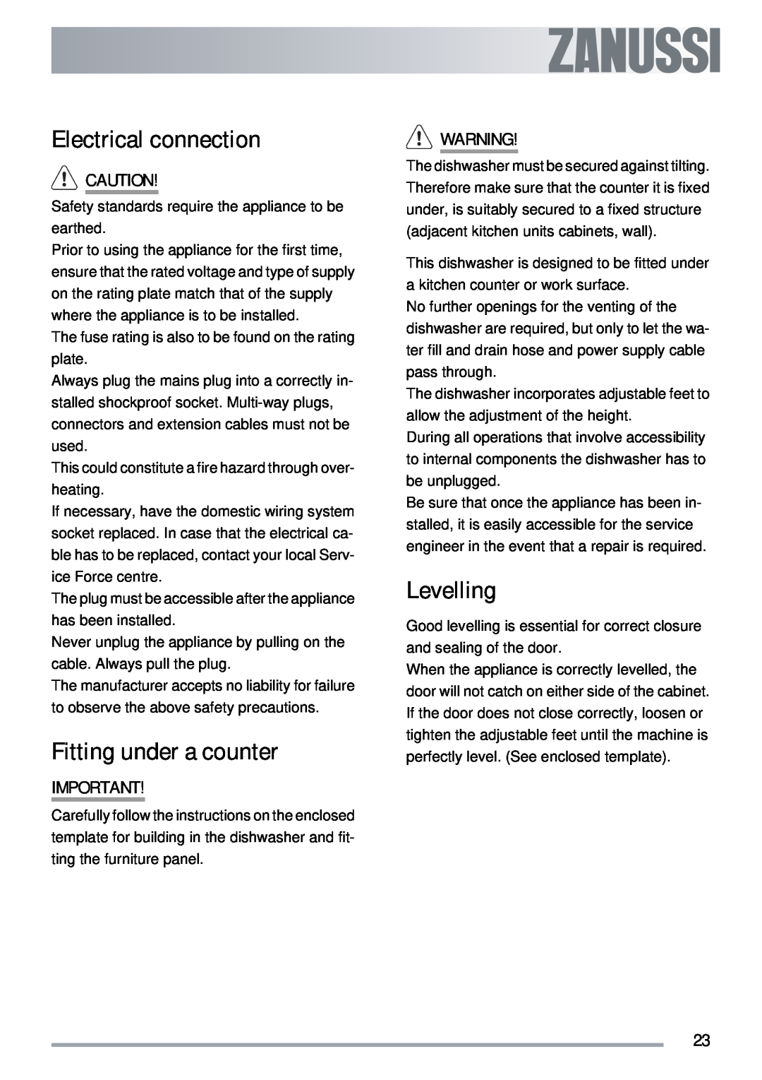 Zanussi ZDI 122 user manual Electrical connection, Fitting under a counter, Levelling 