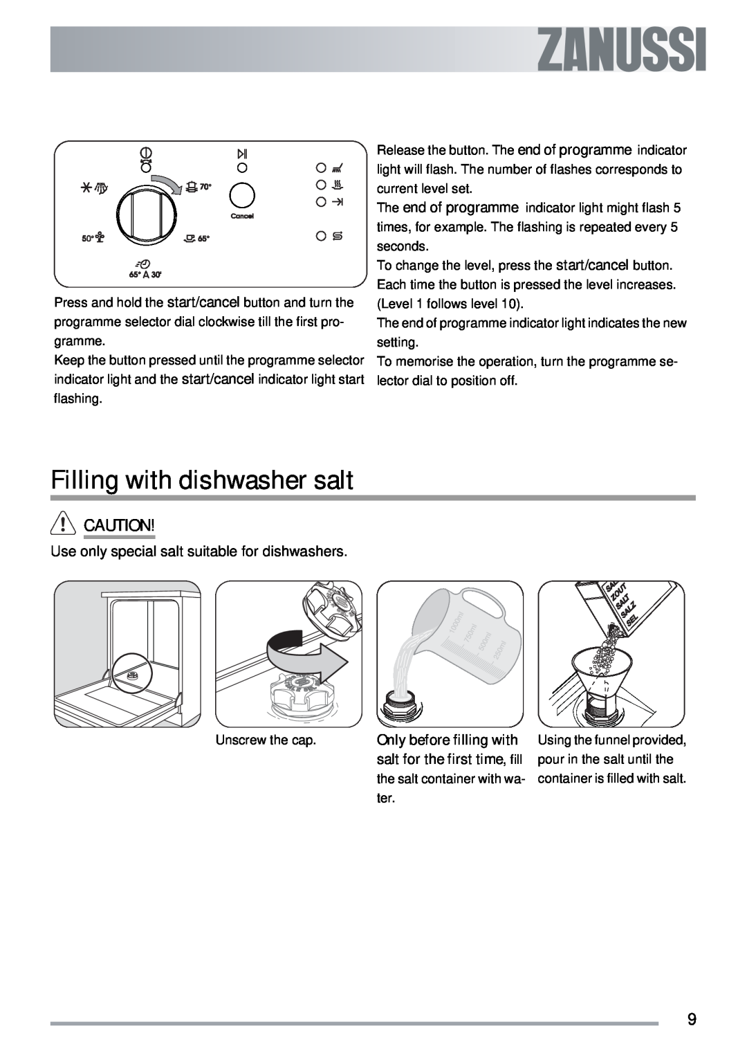 Zanussi ZDI 122 user manual Filling with dishwasher salt, Use only special salt suitable for dishwashers 