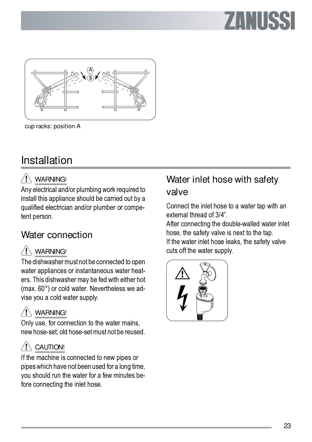 Zanussi ZDI 200 user manual Installation, Water connection, Water inlet hose with safety valve 