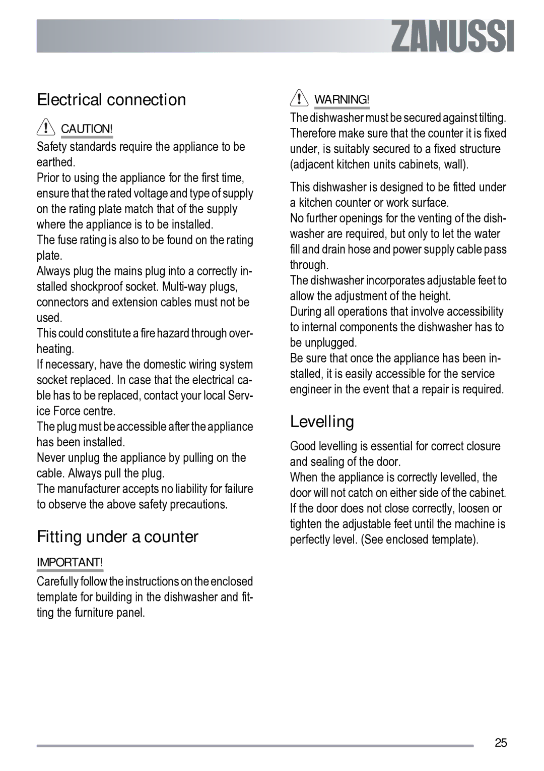 Zanussi ZDI 200 user manual Electrical connection, Fitting under a counter, Levelling 