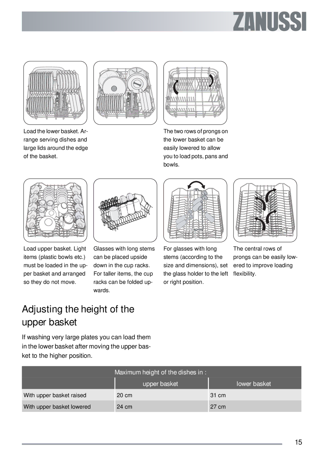 Zanussi ZDI 600 QX manual Adjusting the height of the upper basket, Maximum height of the dishes Upper basket, Lower basket 