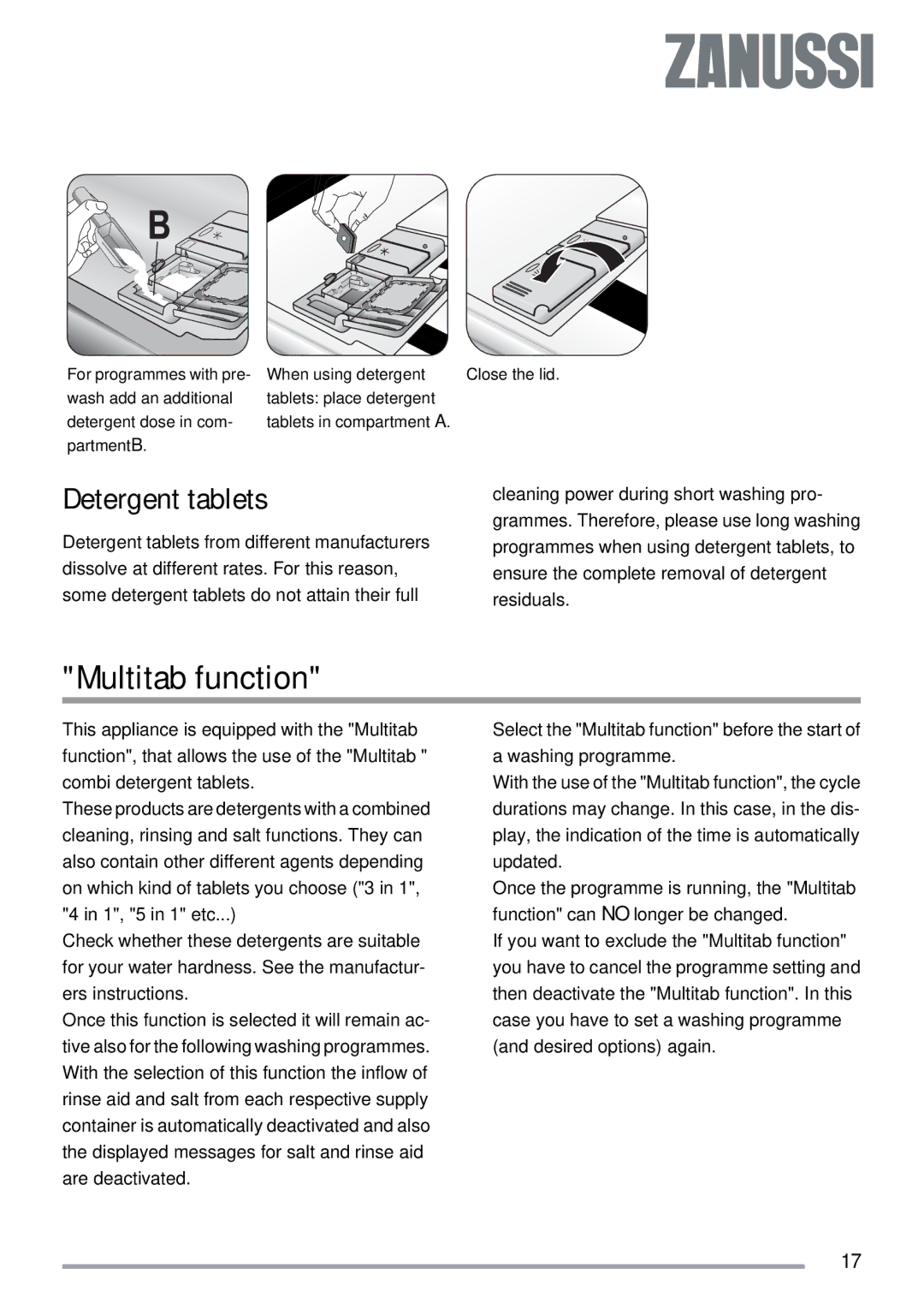 Zanussi ZDI 600 QX manual Multitab function, Detergent tablets 
