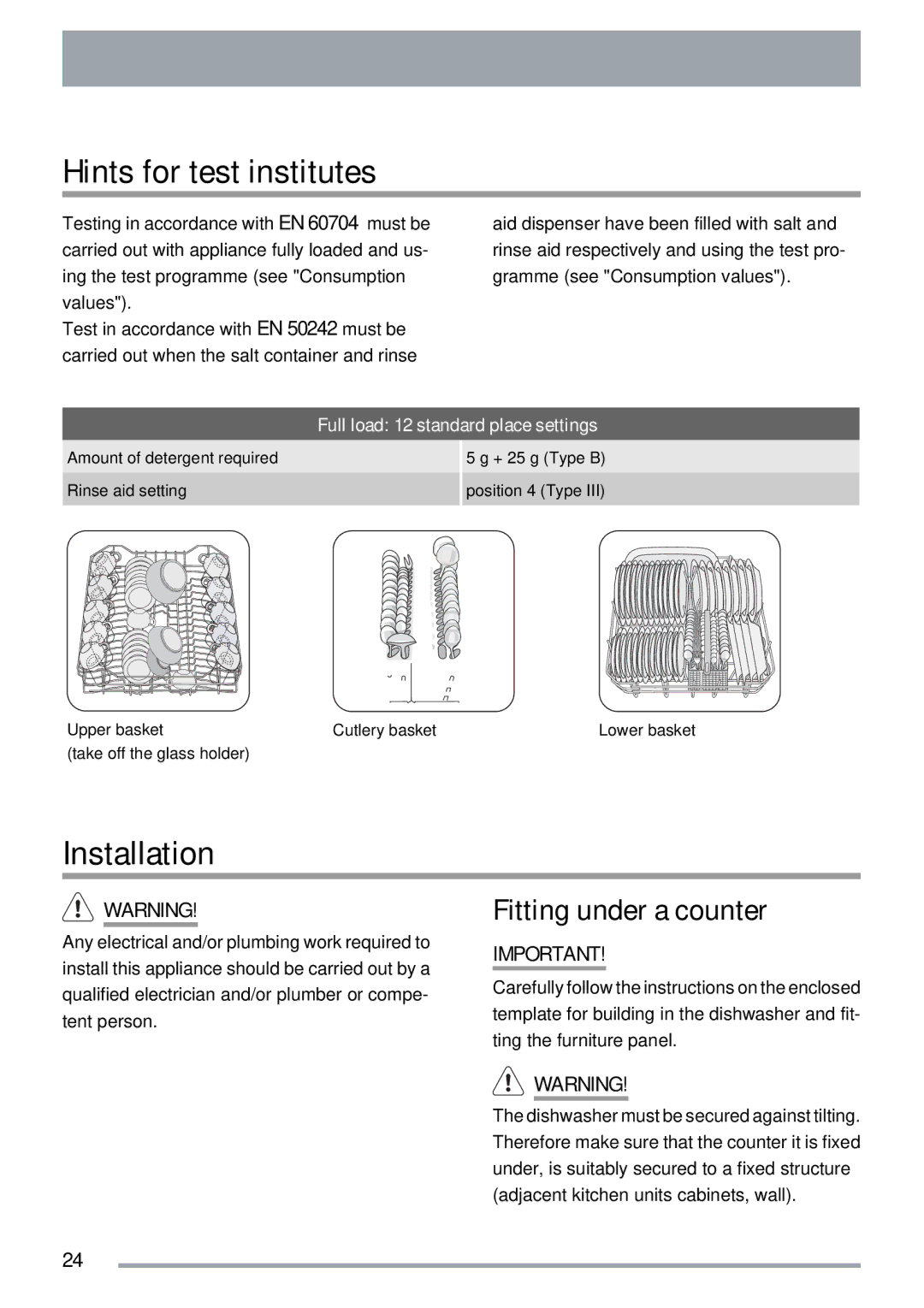 Zanussi ZDI 600 QX Hints for test institutes, Installation, Fitting under a counter, Full load 12 standard place settings 