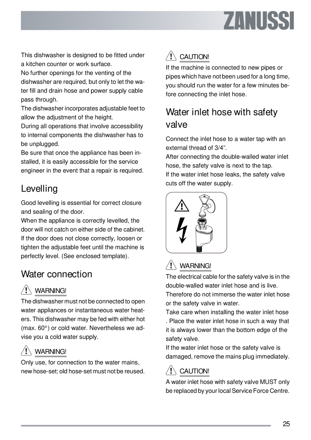 Zanussi ZDI 600 QX manual Levelling, Water connection, Water inlet hose with safety valve 