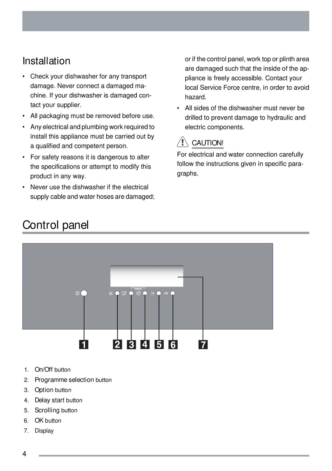 Zanussi ZDI 600 QX manual Control panel, Installation 