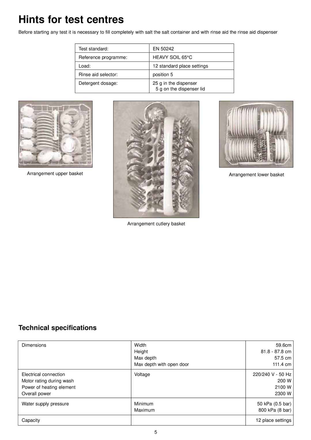 Zanussi ZDI 6041 manual Hints for test centres, Technical specifications 