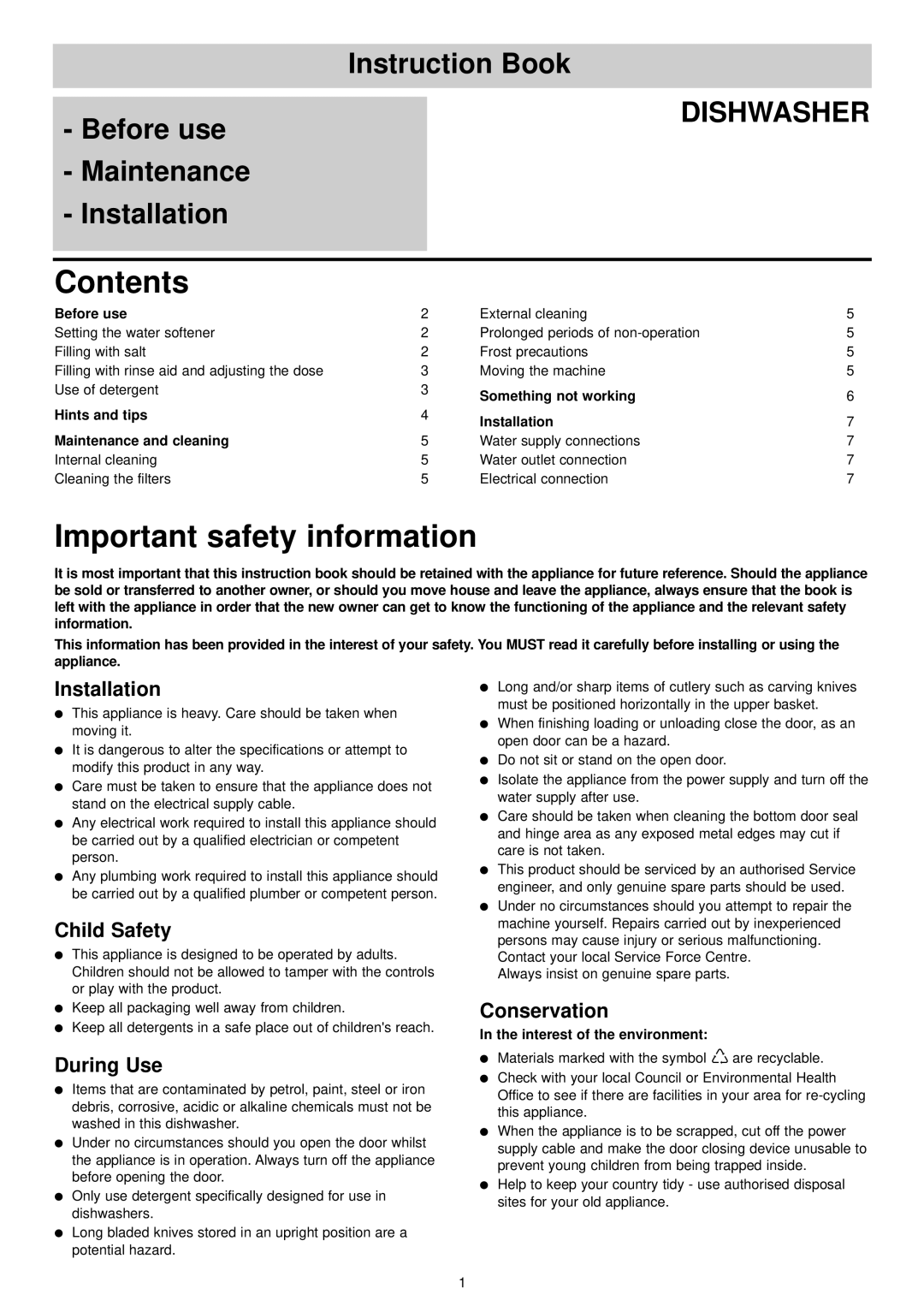 Zanussi ZDI 6041 manual Contents, Important safety information 