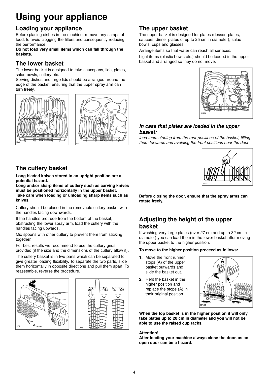 Zanussi ZDI 6041 Using your appliance, Loading your appliance, The lower basket, The upper basket, The cutlery basket 