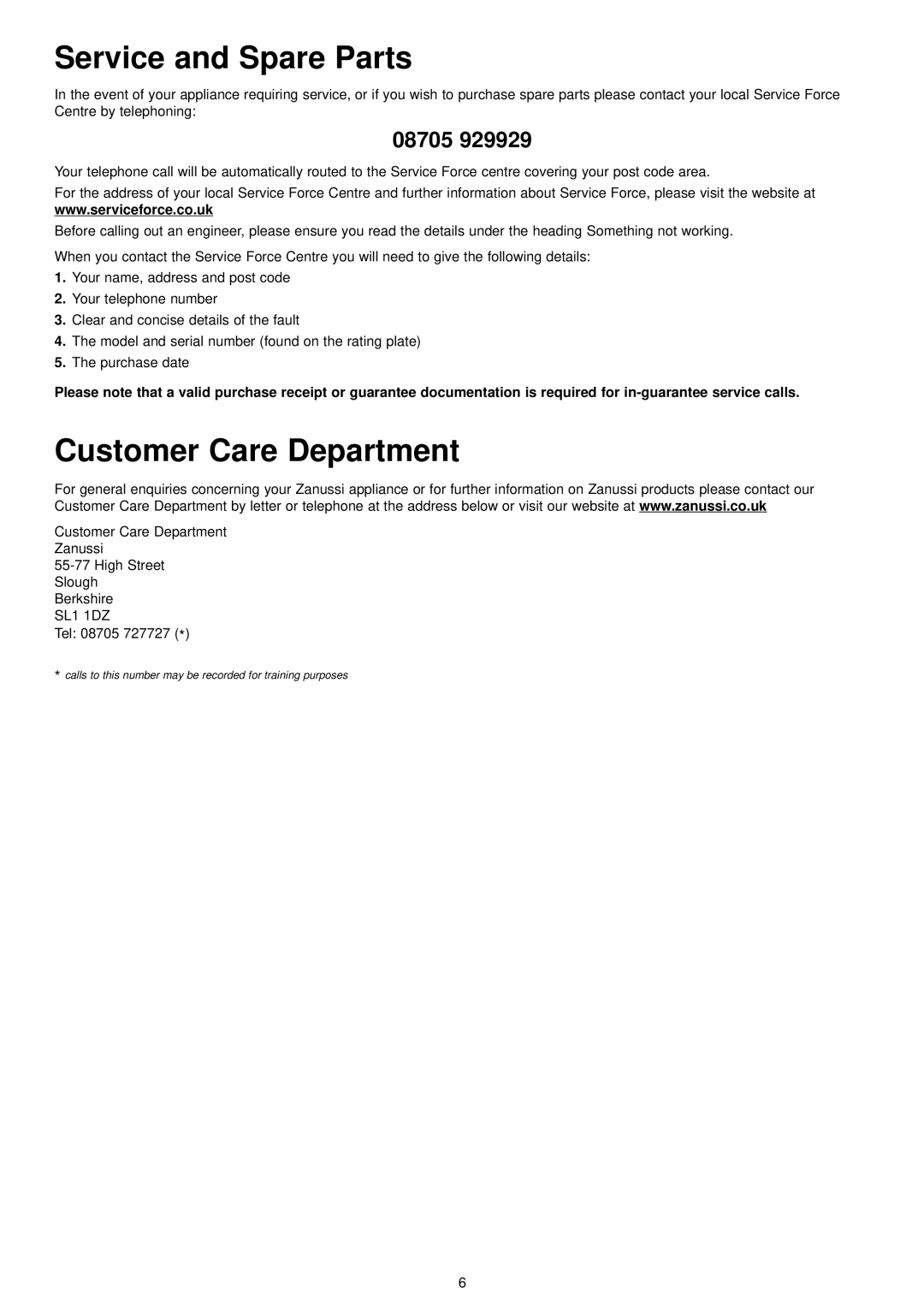Zanussi ZDI 6041 manual Service and Spare Parts, Customer Care Department, zanussi.co.uk, 08705 
