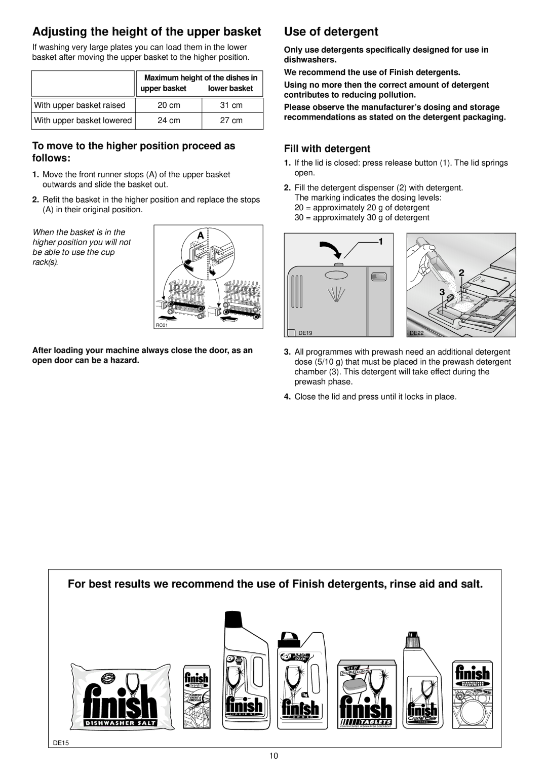 Zanussi ZDI 6053 manual Adjusting the height of the upper basket, Use of detergent, Fill with detergent 