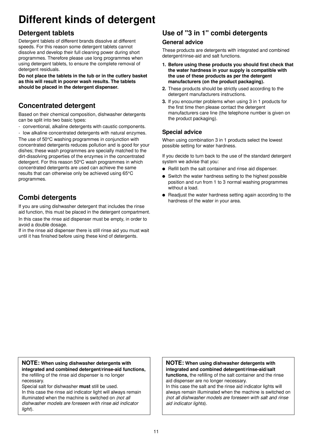 Zanussi ZDI 6053 manual Different kinds of detergent, Detergent tablets, Concentrated detergent, Combi detergents 