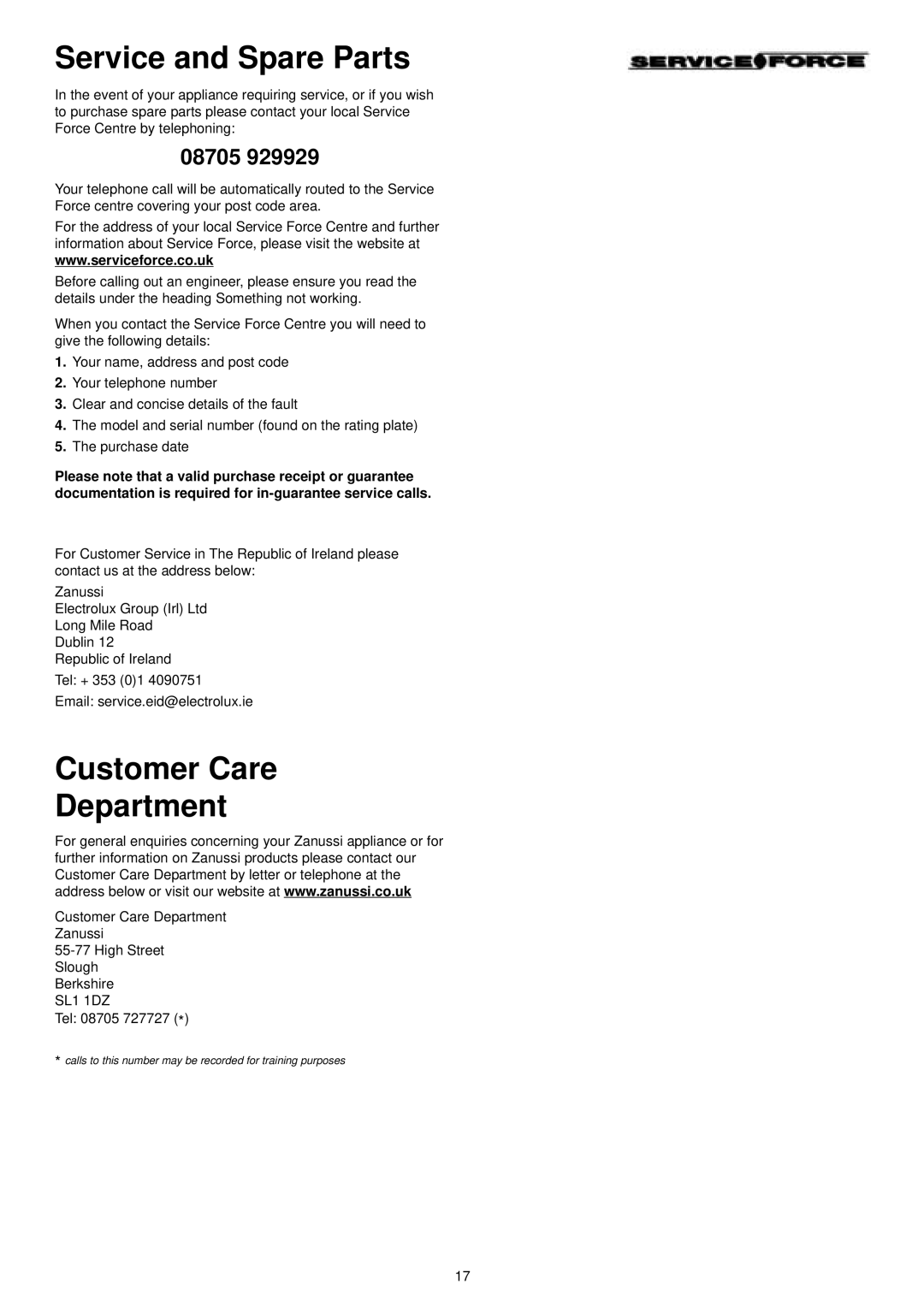 Zanussi ZDI 6053 manual Service and Spare Parts, Customer Care Department 