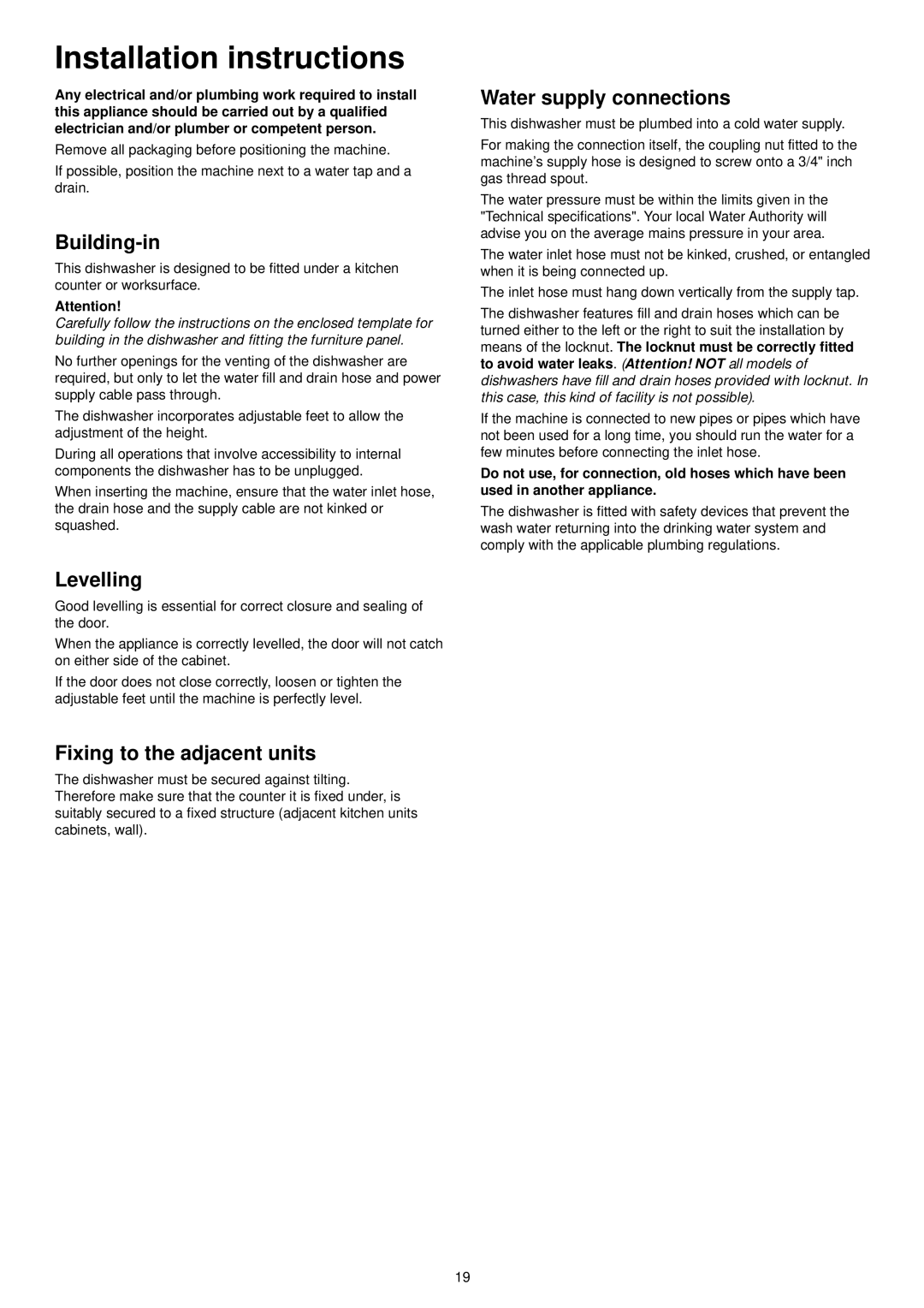 Zanussi ZDI 6053 Installation instructions, Building-in, Levelling, Fixing to the adjacent units, Water supply connections 