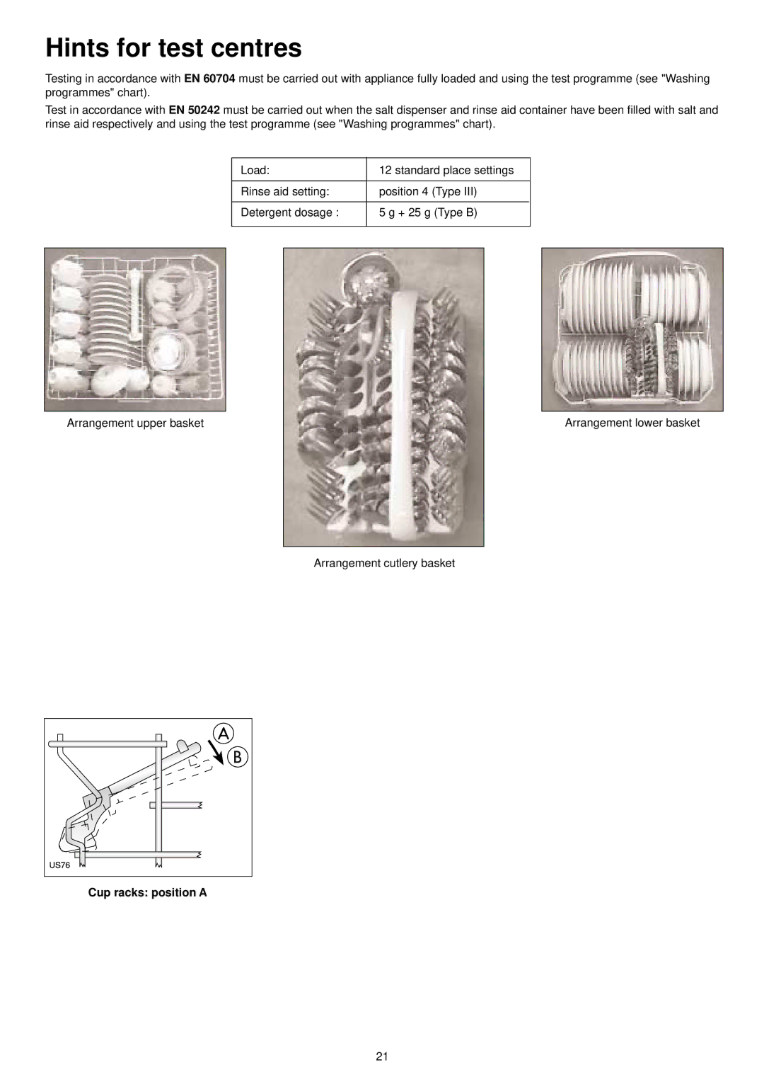 Zanussi ZDI 6053 manual Hints for test centres, Cup racks position a 