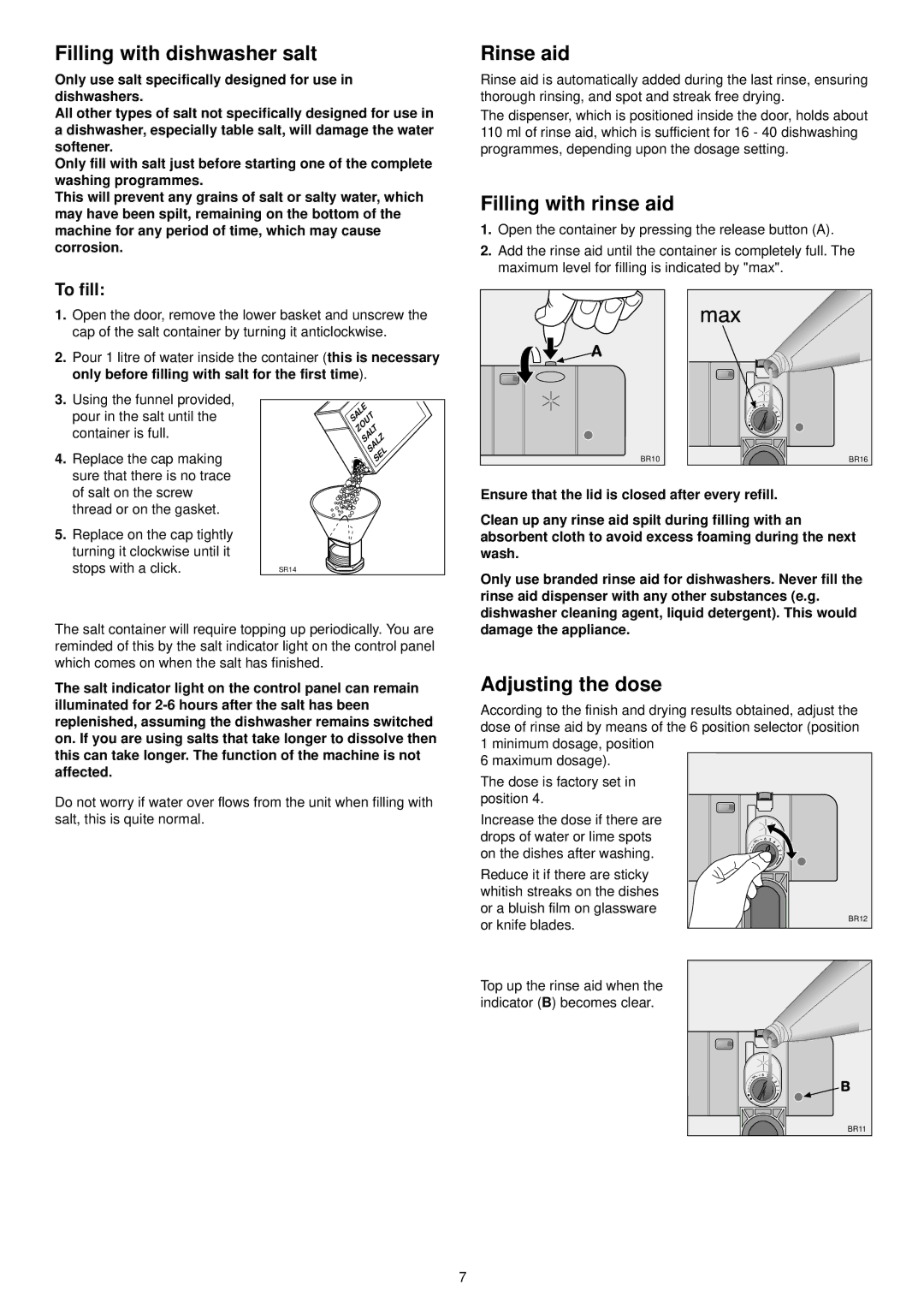 Zanussi ZDI 6053 manual Filling with dishwasher salt, Rinse aid, Filling with rinse aid, Adjusting the dose, To fill 