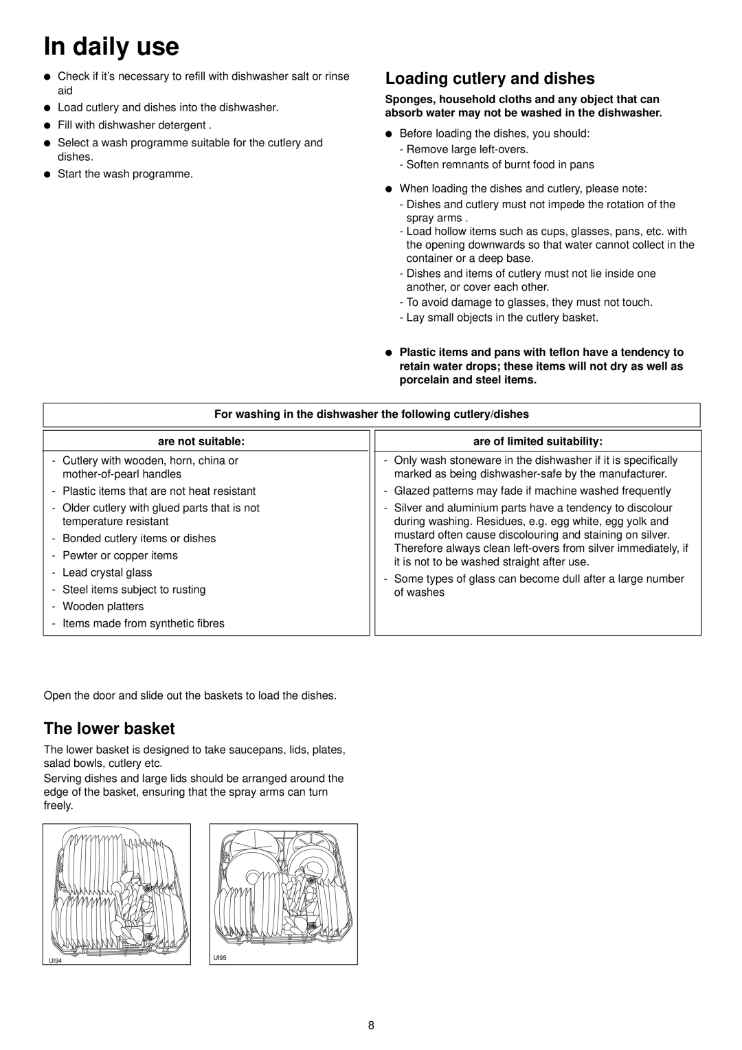 Zanussi ZDI 6053 manual Daily use, Loading cutlery and dishes, Lower basket, Are of limited suitability 
