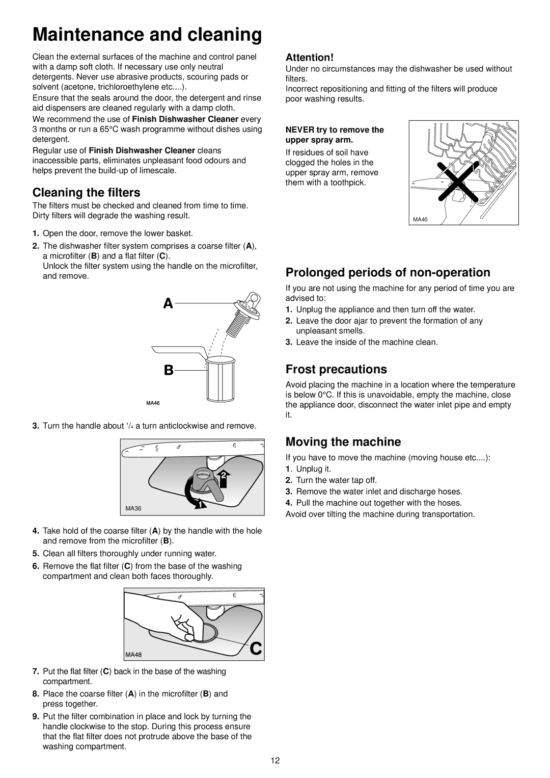 Zanussi ZDI 6054 QX Maintenance and cleaning, Cleaning the filters, Prolonged periods of non-operation, Frost precautions 