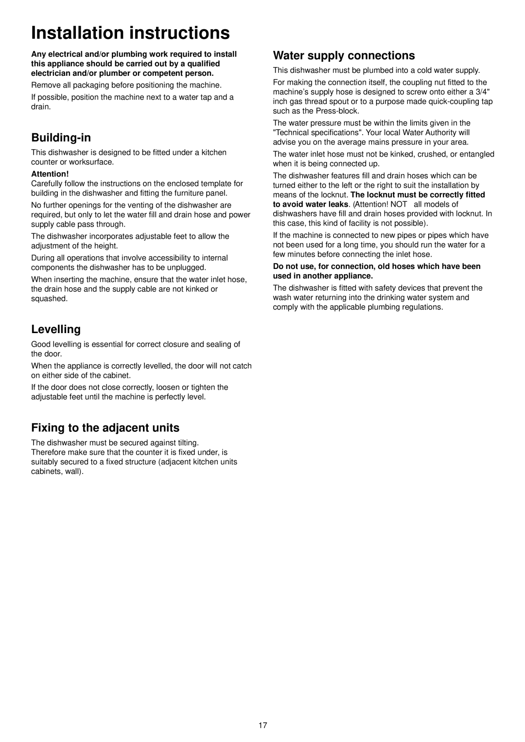 Zanussi ZDI 6054 QX manual Installation instructions, Building-in, Levelling, Fixing to the adjacent units 