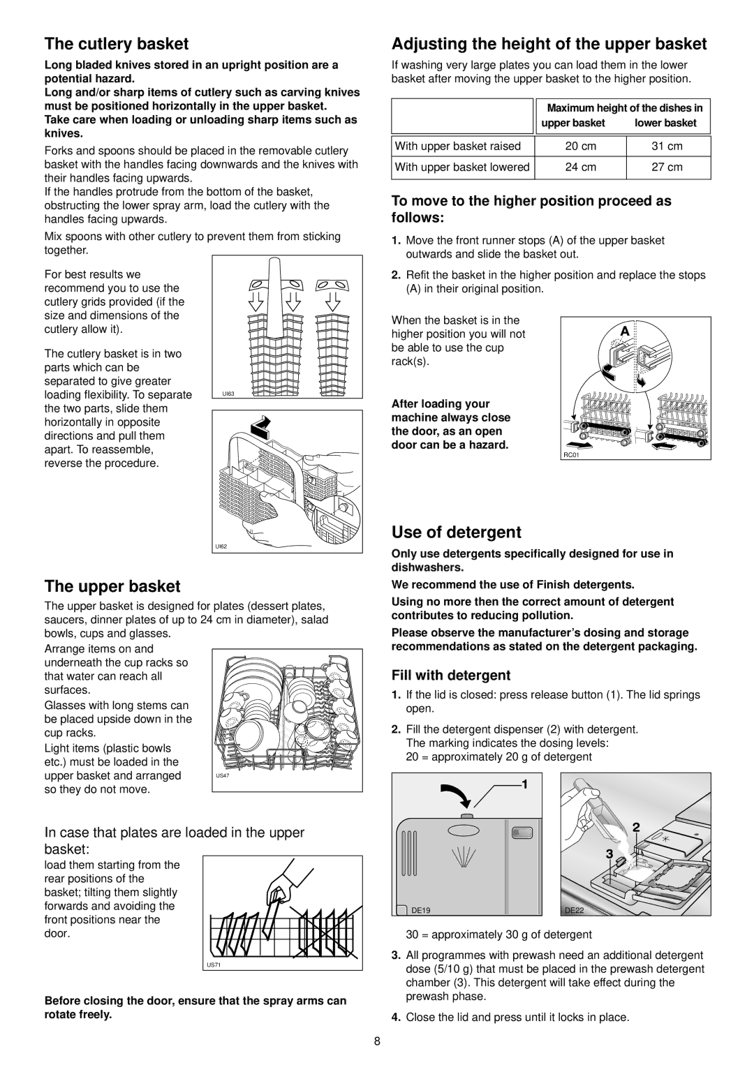 Zanussi ZDI 6054 QX manual Cutlery basket, Adjusting the height of the upper basket, Use of detergent, Upper basket 