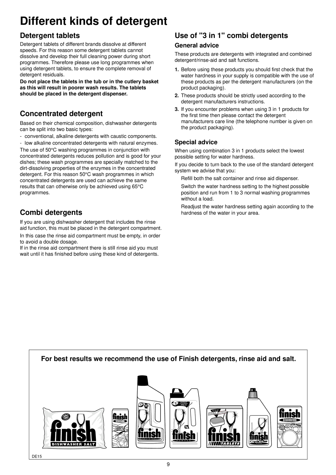 Zanussi ZDI 6054 QX manual Different kinds of detergent, Detergent tablets, Concentrated detergent, Combi detergents 