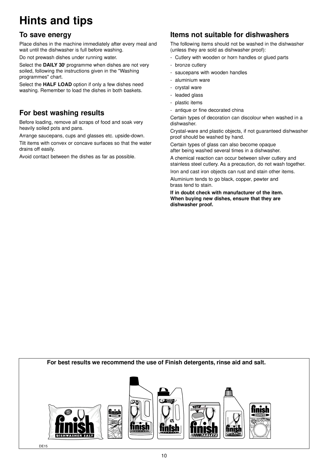 Zanussi ZDI 6895 QA Hints and tips, To save energy, For best washing results, Items not suitable for dishwashers, Daily 